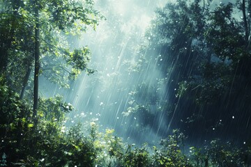 Obraz premium Light rain falling softly in a peaceful forest, creating a misty atmosphere