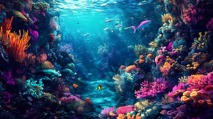 Naklejka premium A surreal underwater world teeming with colorful coral reefs and exotic sea creatures. Underwater World. Illustration