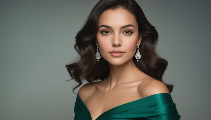 Fototapeta premium Elegant Young Woman in Stylish Outfit Posing Indoors During a Professional Photoshoot