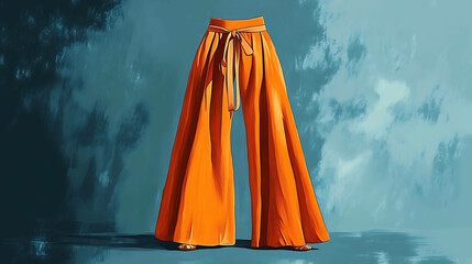 Wide-legged orange pants with a sash belt against a blue background.