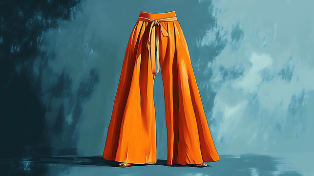 Wide-legged orange pants with a sash belt against a blue background.