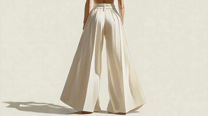Woman wearing white, high waisted, wide-leg pants.