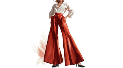 Fashion model wearing wide-legged pants and a white button-down shirt.