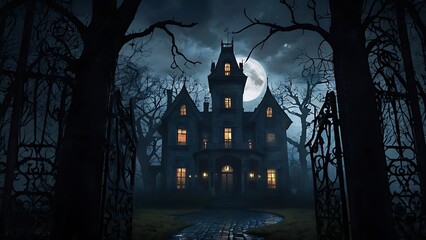 Haunted house in halloween night with full moon in background
