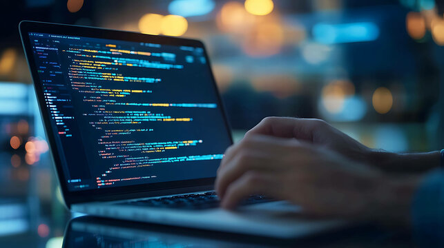 A person is coding on a laptop computer. - Powered by Adobe