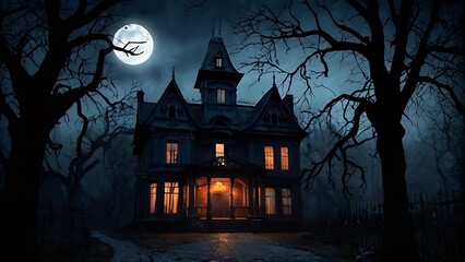 Haunted house in halloween night with full moon in background