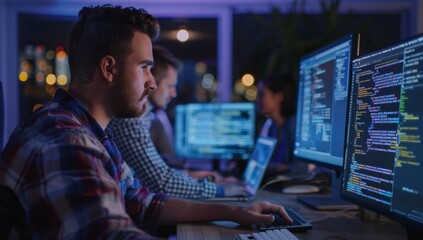 Software developer is sitting at his desk, coding on multiple monitors with code lines in the background of an office environment technology showcasing software development