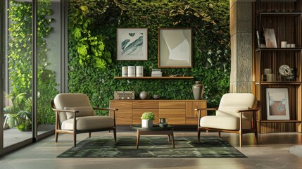 Fototapeta premium Natural Sophistication: Modern Living Room with Green Eucalyptus Wall, Stylish Armchairs, and Elegant Decor