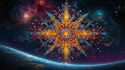 A vibrant, abstract starburst against a starry night sky.