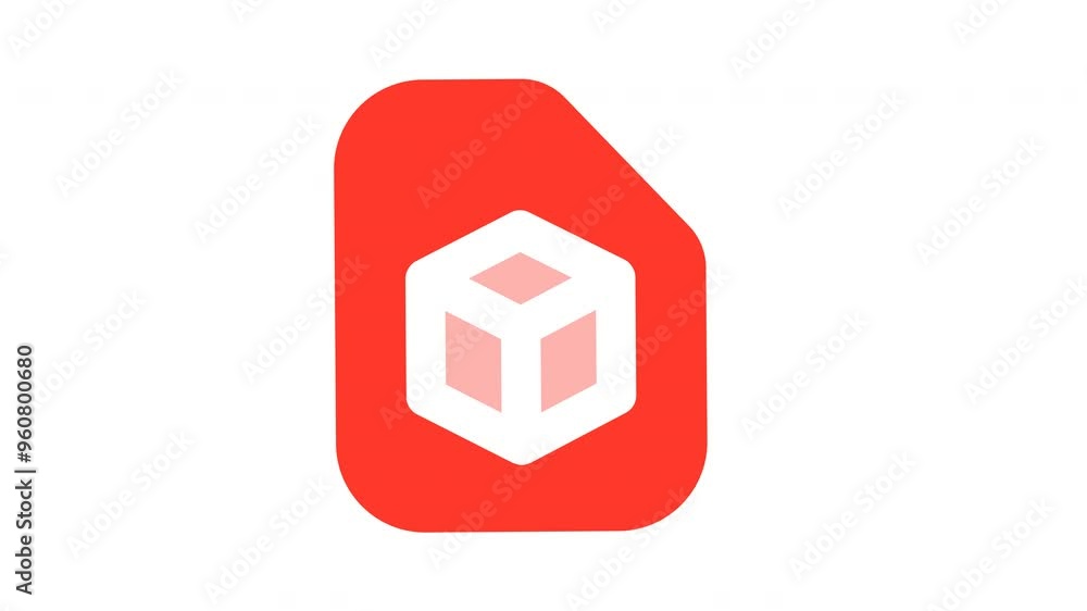 Poster red rounded rectangle with white cube inside, modern and geometric design suitable for digital techn