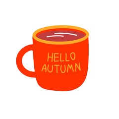 Red mug with autumn greeting HELLO AUTUMN. Illustrated vector element isolated on a white background