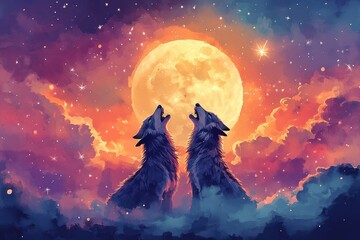 Charming watercolor werewolves howling at a full moon, with a backdrop of soft clouds and twinkling stars