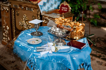 Elegant Orthodox Wedding Table with Ritual Elements and Crown