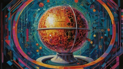 A vibrant, abstract painting of a golden sphere within a colorful, geometric frame.