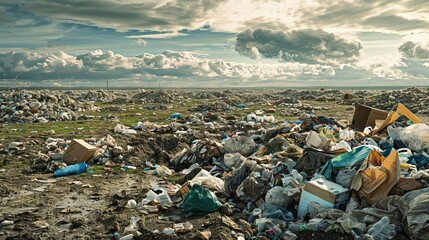 Vast Landfill Stretching Across the Horizon Filled with Plastic and Waste Under a Cloudy Sky