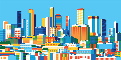 Cityscape overlooking high-rise corporate buildings in the commercial and financial center and luxury condominiums in the city center. Handmade drawing vector illustration. Pop art style poster. © alaver