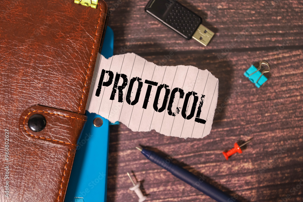 Poster business concept. text protocol is written in a notebook