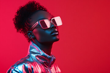 Fototapeta premium Trendy Woman Sporting Metallic Silver Jacket with Solid Neon Coral Background Fashion Lifestyle Portrait, Modern