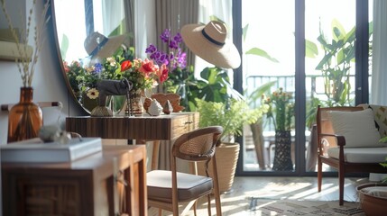 Fototapeta premium Sunlit Serenity: Luxurious Apartment with Elegant Decor and Natural Elements