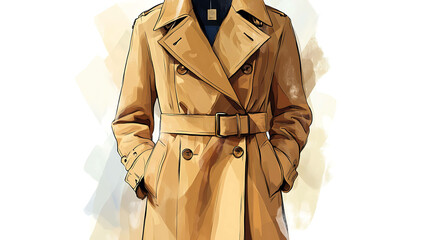 A fashionable illustration of a tan trench coat with a belted waist.