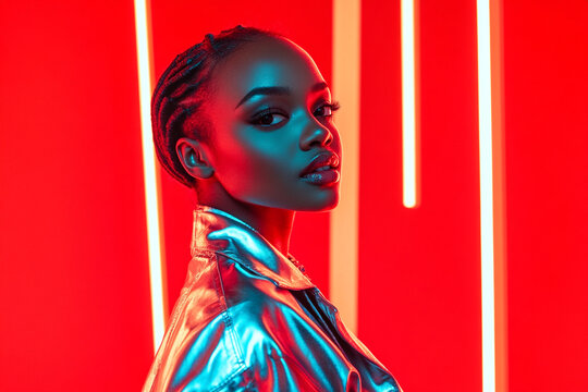 Fashion Portrait of Woman in Metallic Silver Jacket with Solid Neon Coral Background Chic and Modern