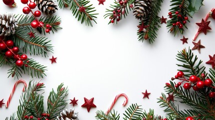 Christmas decorations on white background Flat lay, copy space.