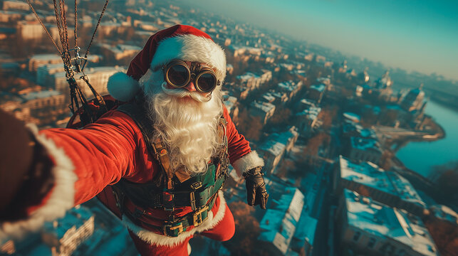santa claus in steampunk style parachuting with gifts for christmas