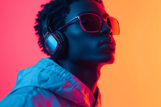Trendy Men Sporting Chrome Headphones with Solid Neon Coral Background Fashion Lifestyle Portrait, Stylish
