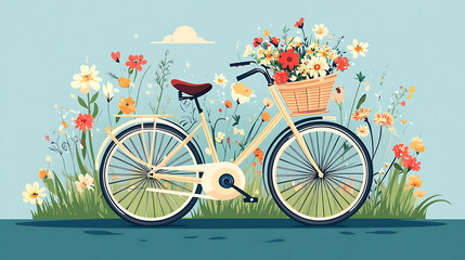 Fototapeta premium A vintage bicycle with a basket full of flowers sitting in a field of wildflowers.