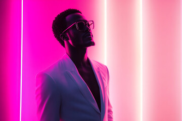 Fototapeta premium Stylish Men in White Suit with Solid Neon Pink Background Fashion Lifestyle Portrait, Contemporary Look