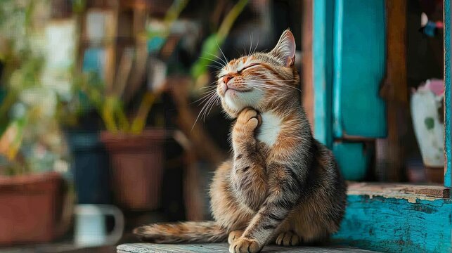 A cat is scratching its neck with its paw while sitting on a porch outside.