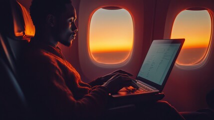 A Black freelancer is working on his laptop during a sunset flight. He's traveling to a foreign country for a work trip. He's sitting in economy class on a plane.