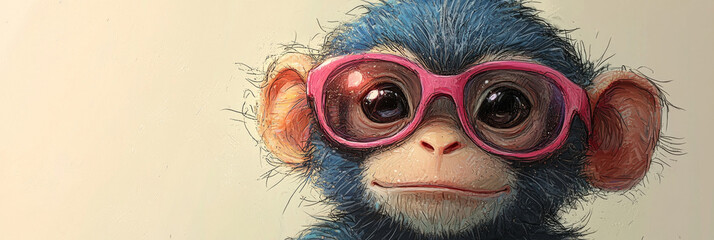Fototapeta premium A cute monkey wearing pink sunglasses with a light beige background.