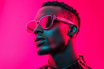 Obraz premium Men in Holographic Sunglasses with Solid Neon Pink Background Fashion Lifestyle Portrait, Contemporary