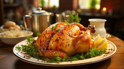 A single Roast chicken in plate on yellow