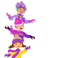 Happy kids in bright winter clothes. Colorful vector flat illustration.