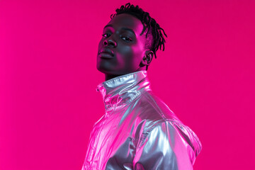Obraz premium Men in Silver Jumpsuit with Solid Neon Pink Background Fashion Lifestyle Portrait, Modern and Trendy