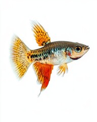 Fototapeta premium the Mosaic Cobra Guppy fish, portrait view, white copy space on right, Isolated on white Background