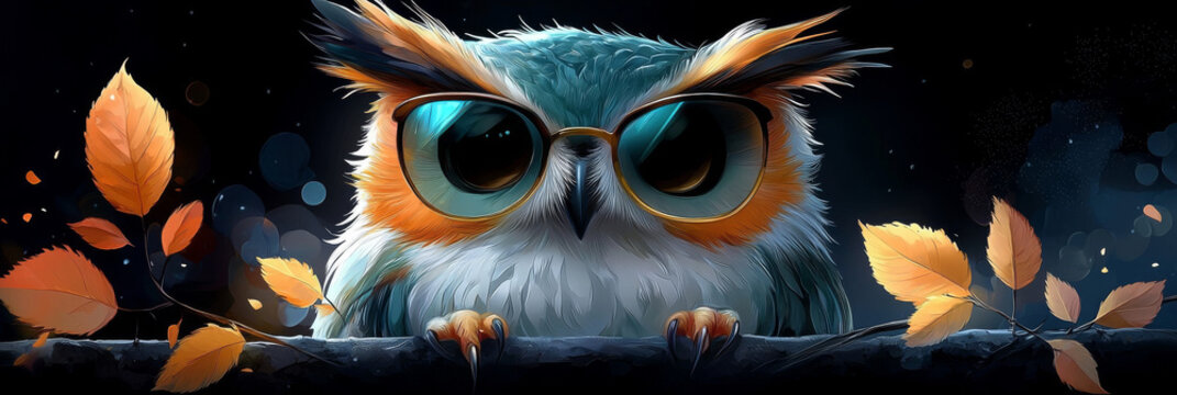 A wise-looking owl with blue-tinted glasses perches on a branch, surrounded by fall foliage.