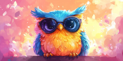 Naklejka premium A cute cartoon owl with blue and yellow feathers wearing sunglasses.