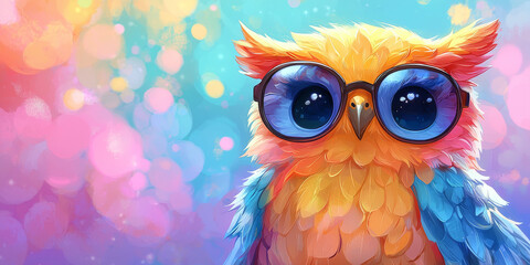 Obraz premium Cute cartoon owl wearing glasses with a colorful background.