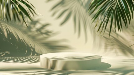 Green abstract background with palm leaf shadows. Geometric beige setting with podium for eco beauty product presentation.