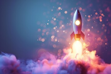 A rocket is launching into space with a brigh, light bulb taking off like a rocket, purple background 