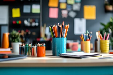 Obraz premium Office supplies at the table clean in the middle background