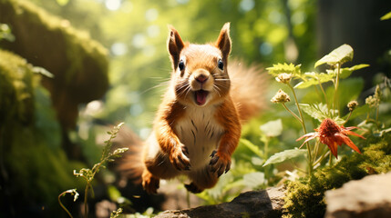 A single squirrel Sciurus vulgaris jumping in the forest at summer day