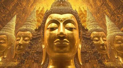 Fototapeta premium A series of golden Lord Buddha images, arranged from large to small, set against a dynamic realistic temple backdrop