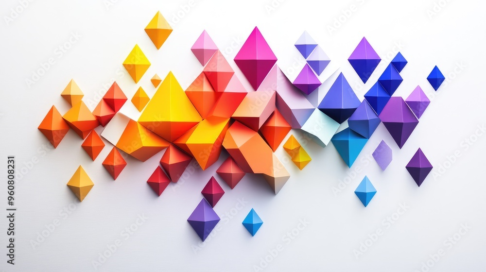 Poster colorful geometric shapes including triangles and hexagons, arranged in a cascading order by size on