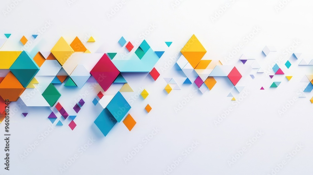 Poster colorful geometric shapes including triangles and hexagons, arranged in a cascading order by size on