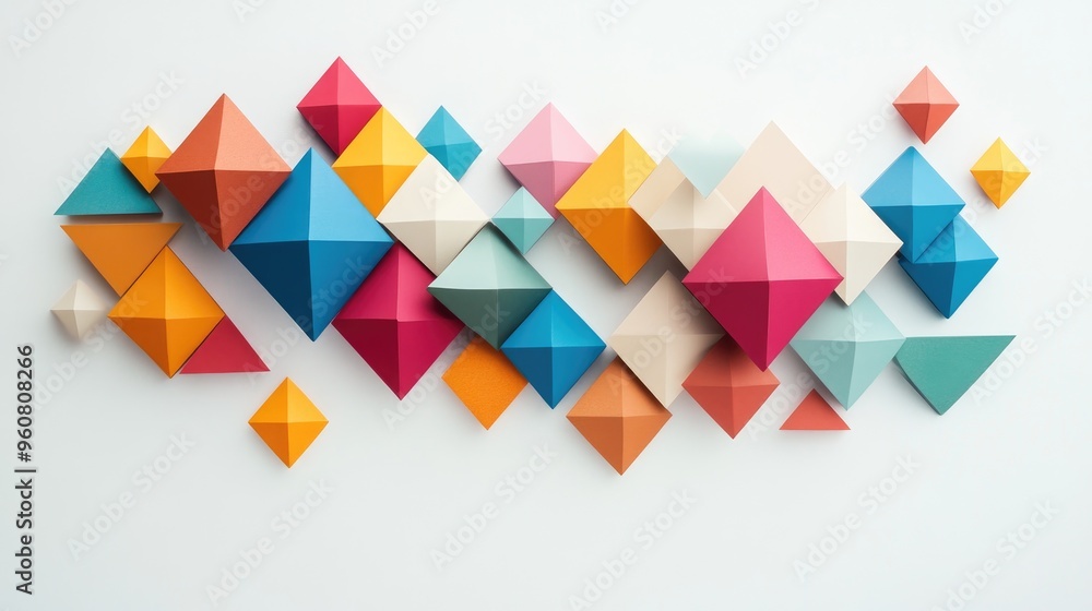 Poster colorful geometric shapes including triangles and hexagons, arranged in a cascading order by size on