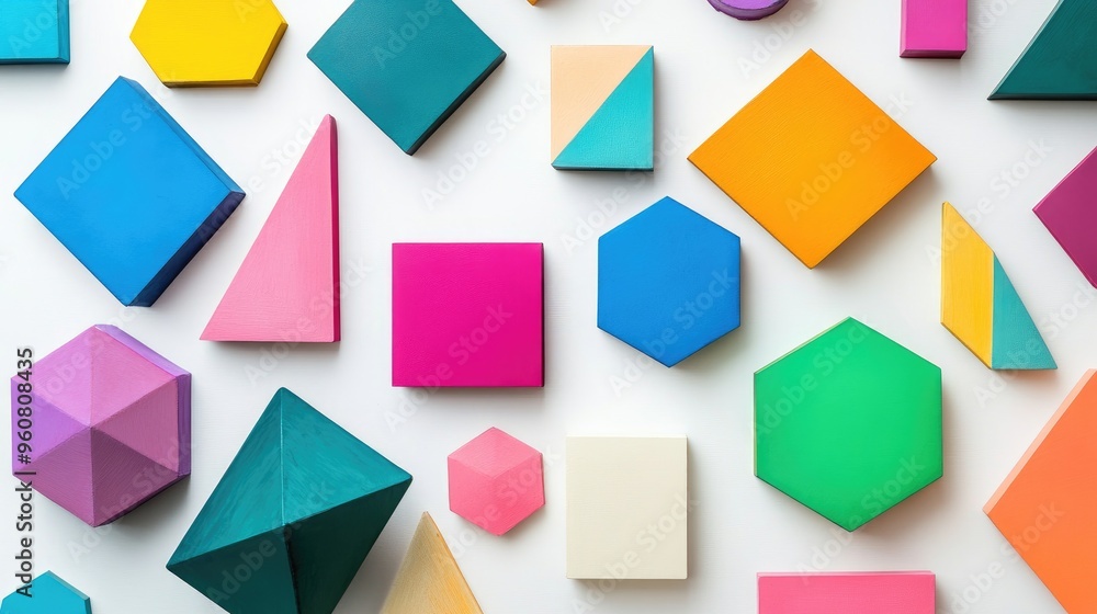 Poster colorful geometric shapes--triangles, rectangles, hexagons--arranged in cascading order by size on a